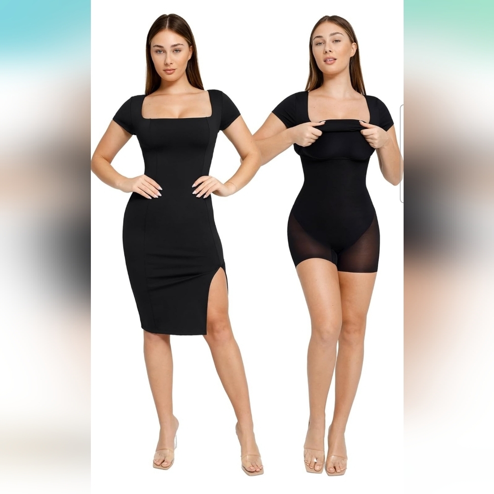 Black Square-Neck Midi Dress with Thigh Slit